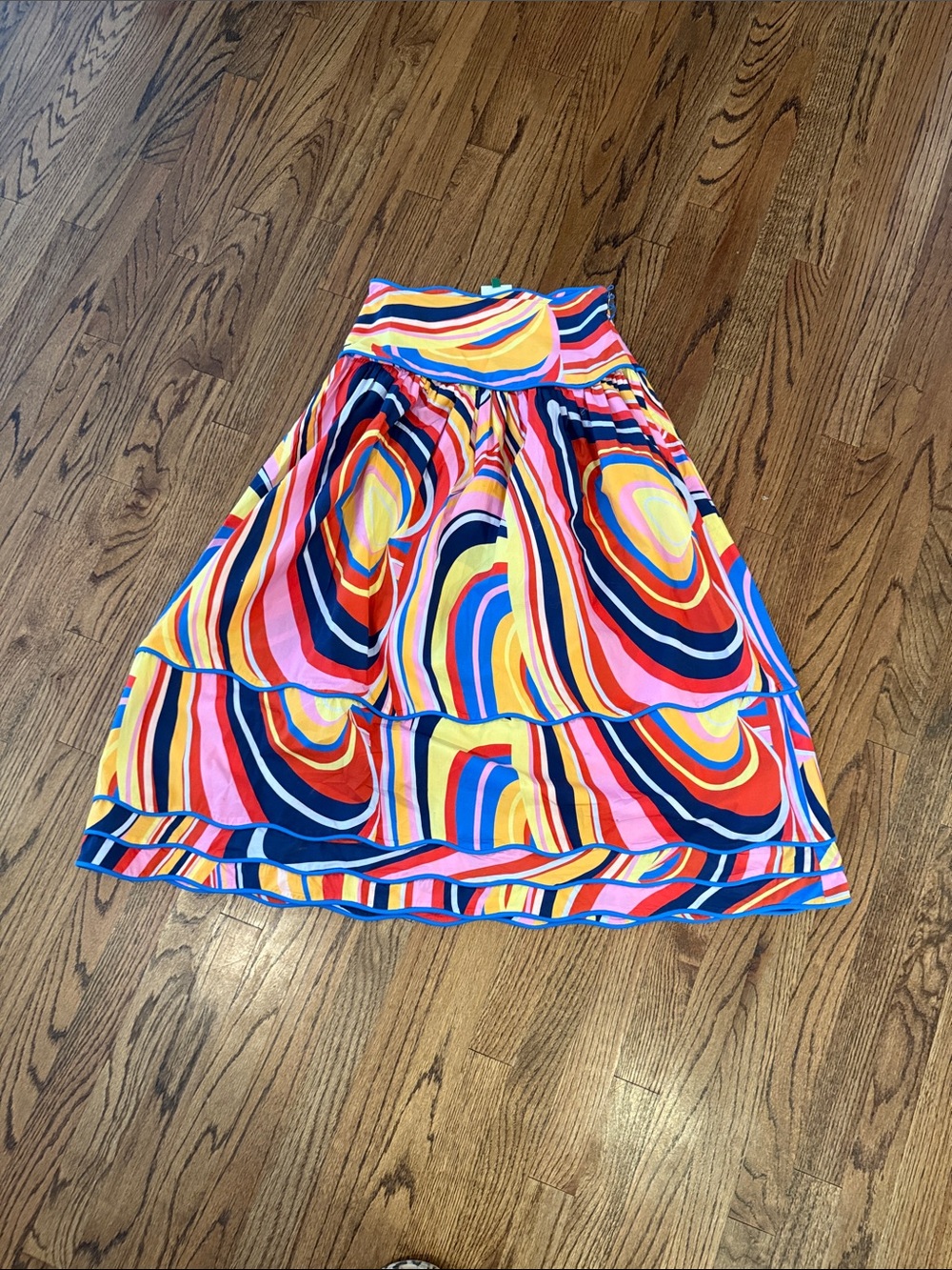 FARM Rio Swirl-Pattern Midi Skirt in Pink, Yellow, Blue, Red